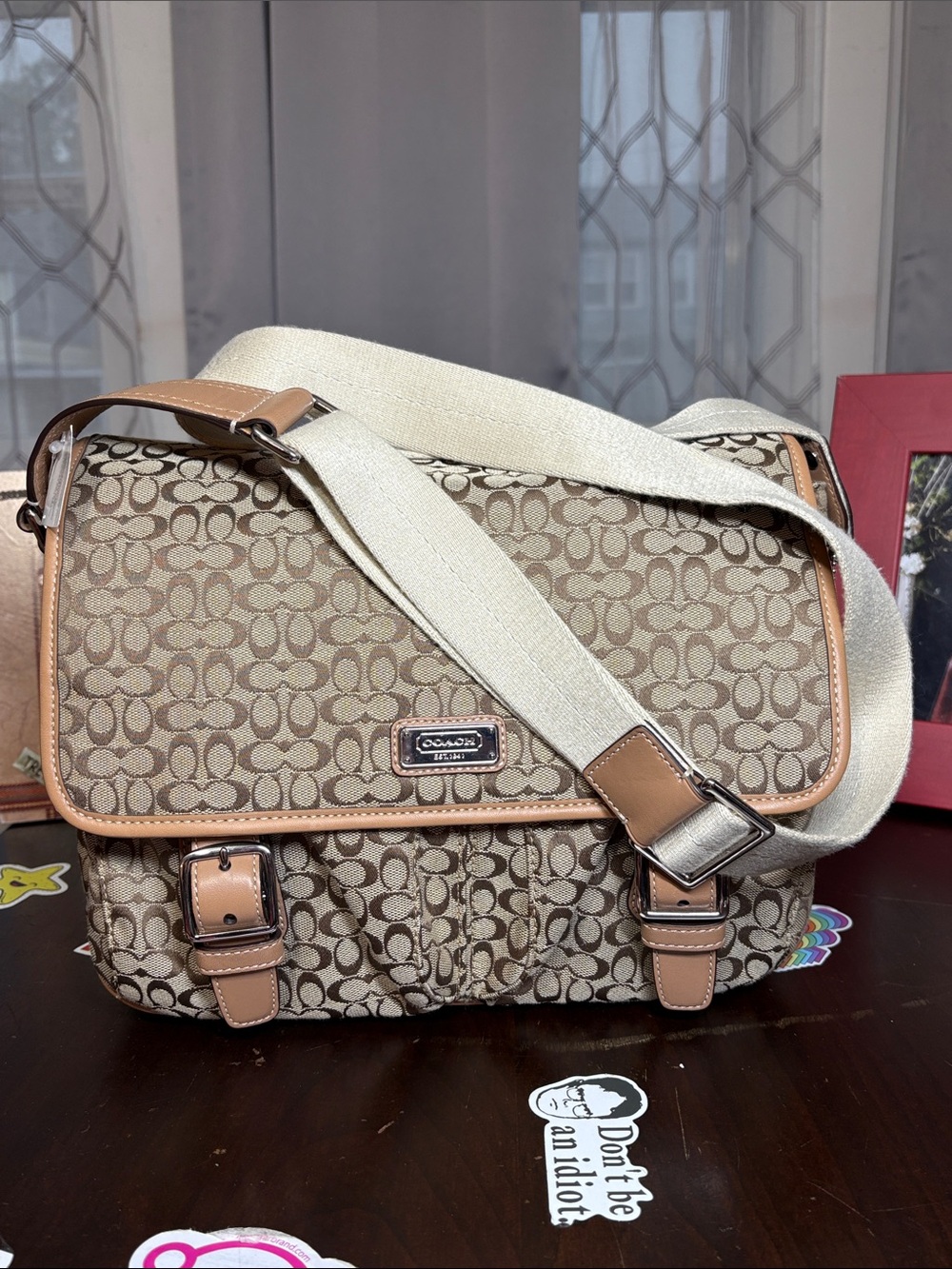 Coach Signature Canvas Messenger Crossbody Bag Khaki Leather J1169-F70283 NEW - Picture 7 of 16